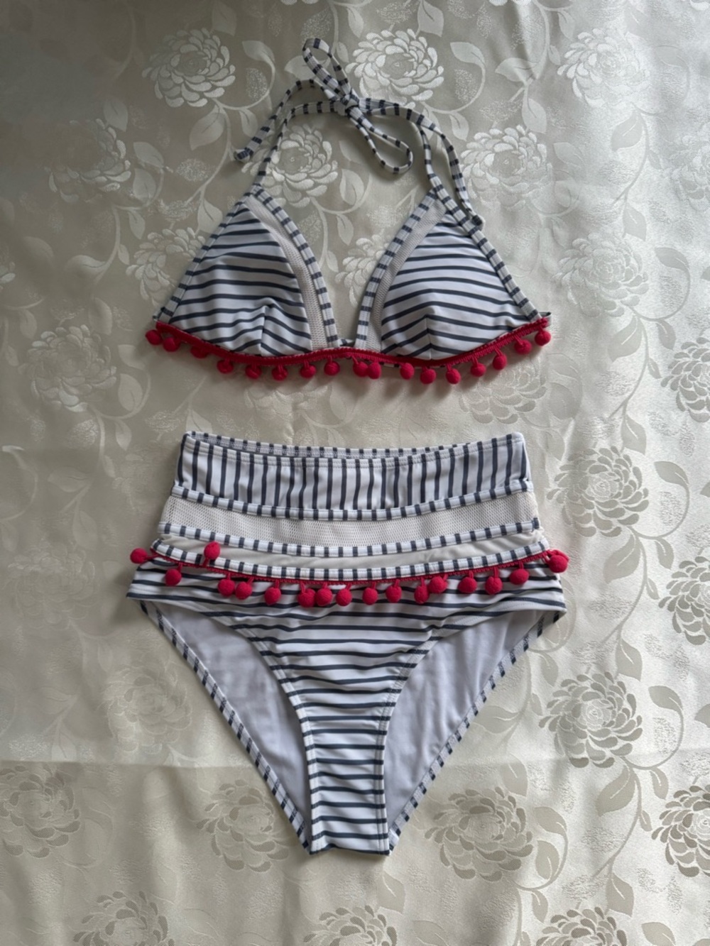 Striped Navy & White Pom-Pom Bikini Set with Hot Pink Trim - Size 6
